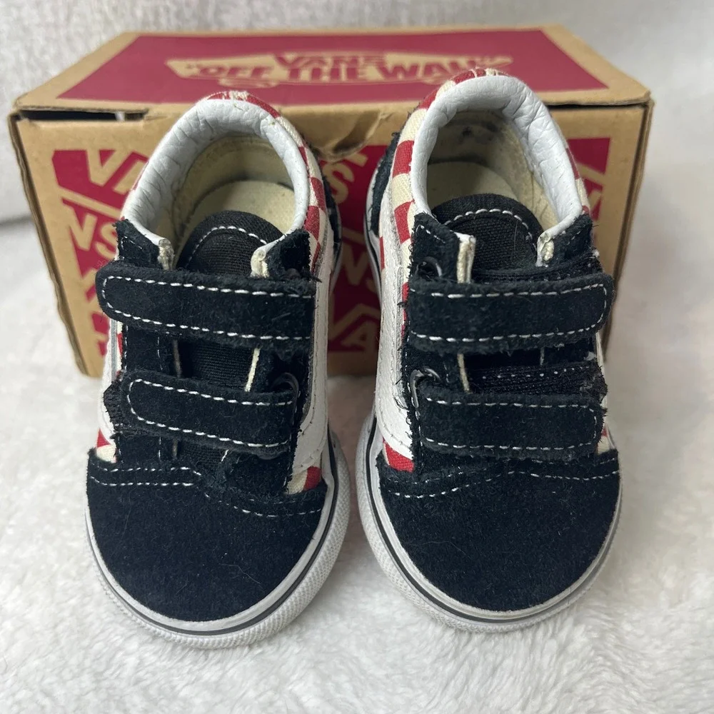 Toddler Vans Old Skool V Crib Shoes Red Checkerboard Black Suede Size 2‎